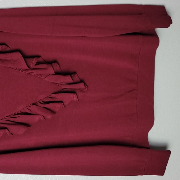 Halogen Lightweight Sweater V Ruffle Detail Crewneck Holiday Party Top Burgundy - Picture 3 of 7